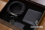 Load image into Gallery viewer, Black Leather Gift Set – Wallet, Belt &amp; Keychain in Custom Wooden Box
