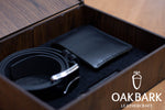Load image into Gallery viewer, Black Leather Gift Set – Wallet, Belt &amp; Keychain in Custom Wooden Box
