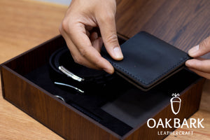 Black Leather Gift Set – Wallet, Belt &amp; Keychain in Custom Wooden Box