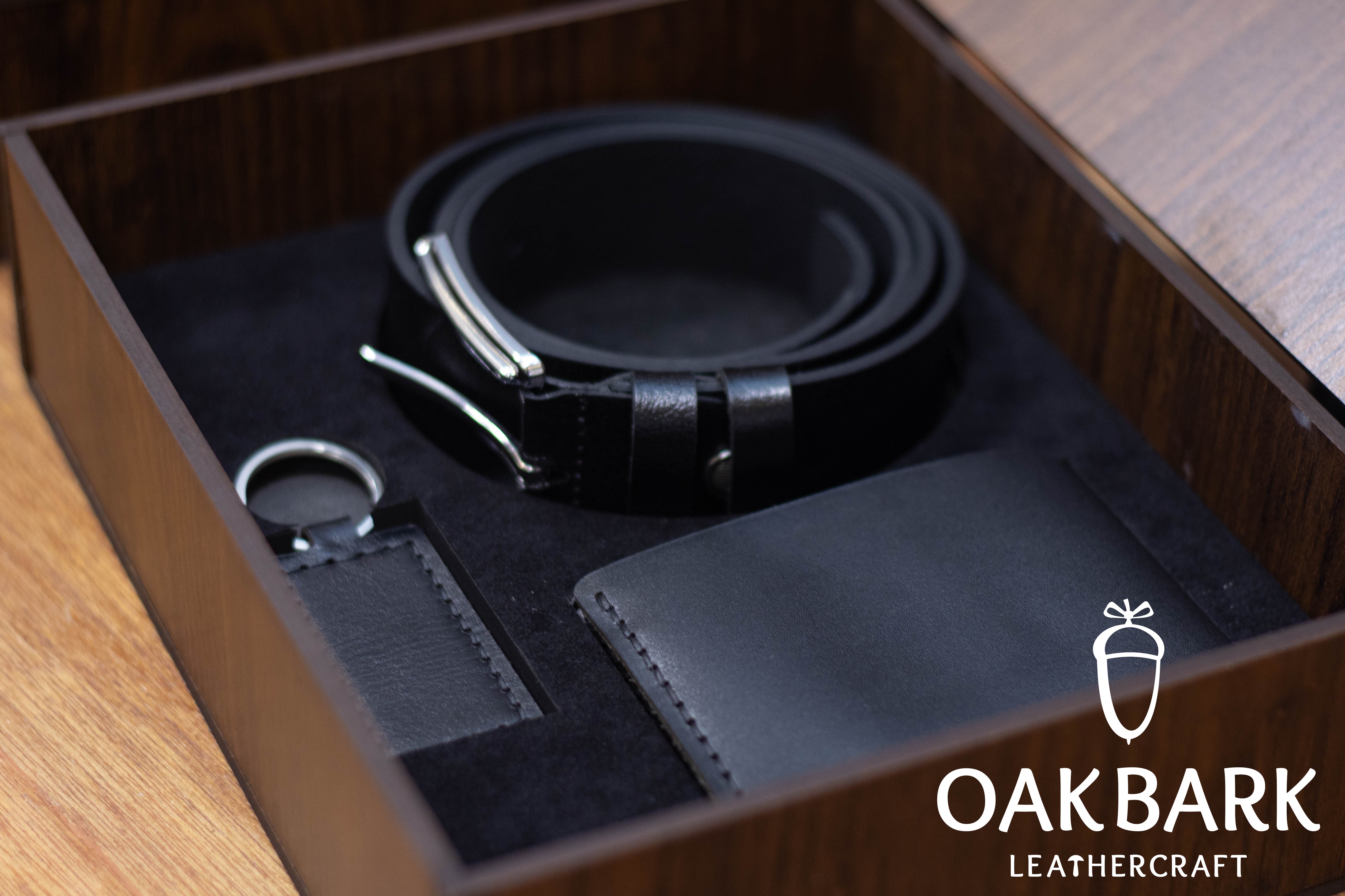 Black Leather Gift Set – Wallet, Belt &amp; Keychain in Custom Wooden Box