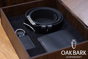 Black Leather Gift Set – Wallet, Belt &amp; Keychain in Custom Wooden Box