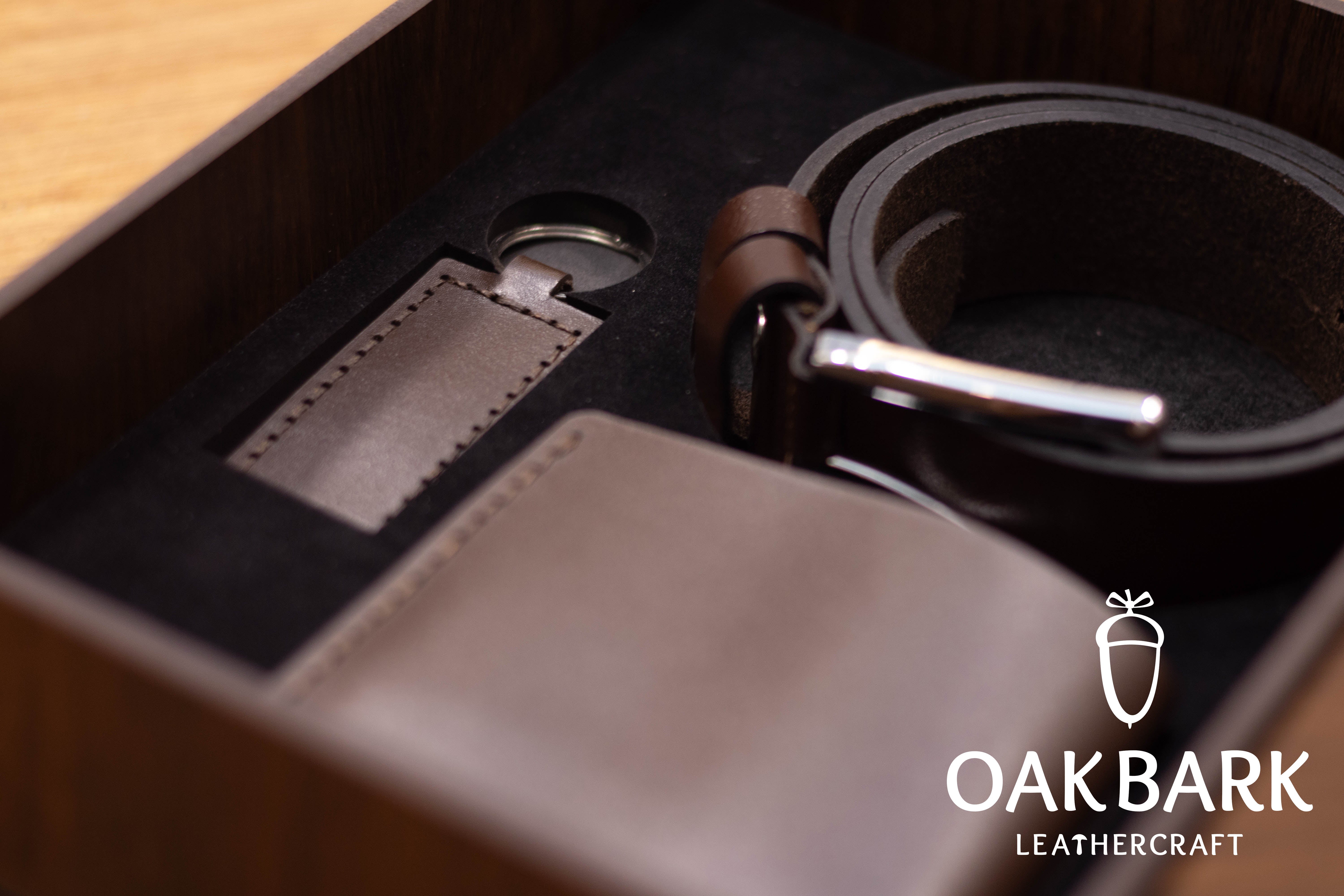 Brown Leather Gift Set – Wallet, Belt &amp; Keychain in Custom Wooden Box