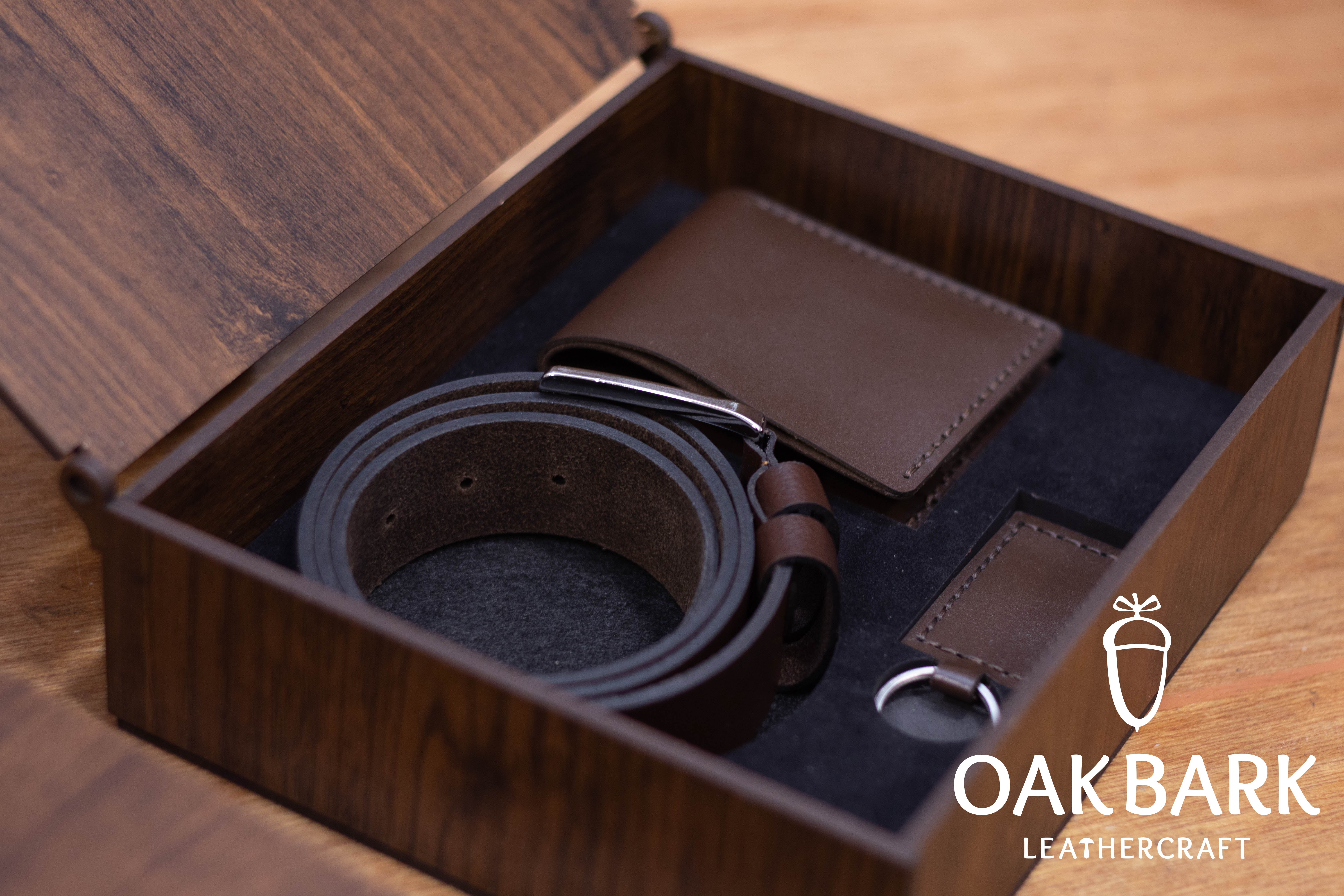 Brown Leather Gift Set – Wallet, Belt &amp; Keychain in Custom Wooden Box