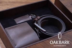 Brown Leather Gift Set – Wallet, Belt &amp; Keychain in Custom Wooden Box