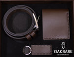 Load image into Gallery viewer, Brown Leather Gift Set – Wallet, Belt &amp; Keychain in Custom Wooden Box
