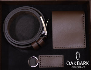 Brown Leather Gift Set – Wallet, Belt &amp; Keychain in Custom Wooden Box